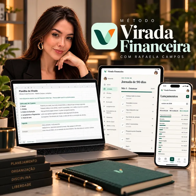 Método Virada Financeira com Rafaela Campos: a Planilha da Virada no computador, a jornada de 90 dias no tablet e os lançamentos no celular, ao lado dos materiais do método.