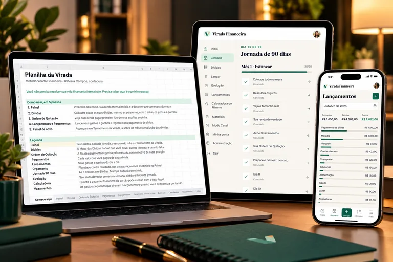 App da Virada, planilha e materiais do método abertos em notebook, tablet e celular sobre uma mesa de escritório